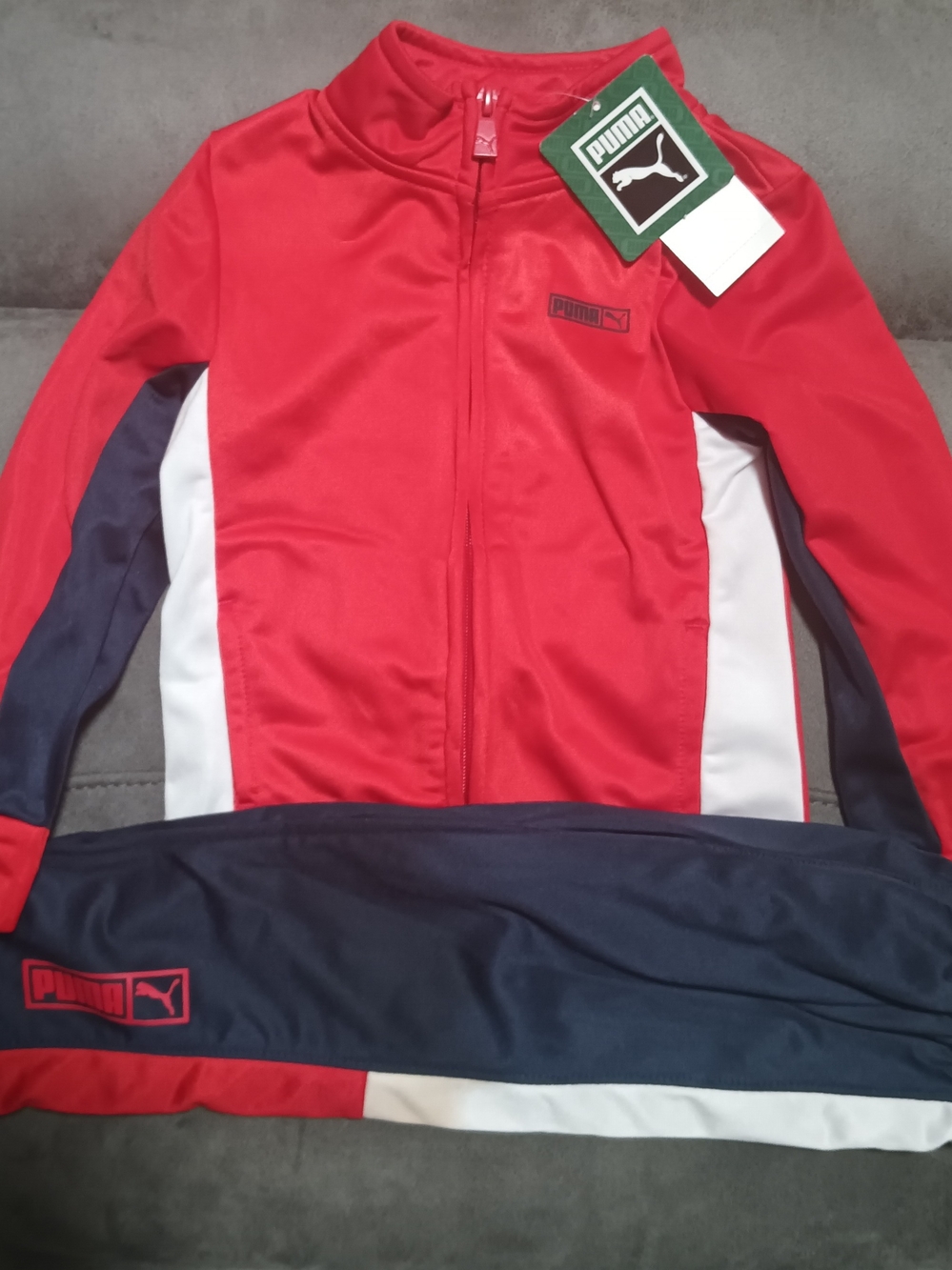 Puma Kids Red, Navy & White Zip Puffer Jacket Size: 24 Mo